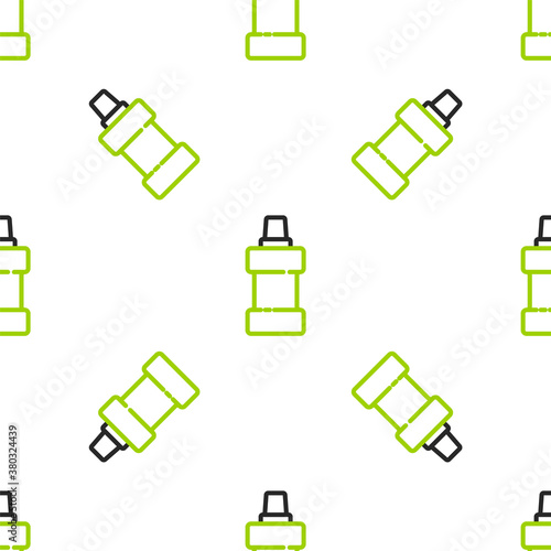 Line Plastic bottle for laundry detergent, bleach, dishwashing liquid or another cleaning agent icon isolated seamless pattern on white background. Vector.