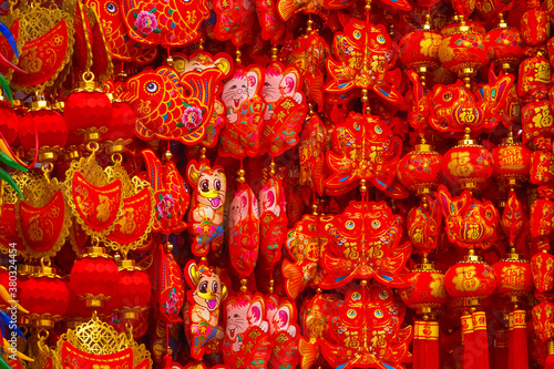 Mobiles and small lanterns hung inside Tianhou Palace to worship Chinese god in the temple in Tianjin, China