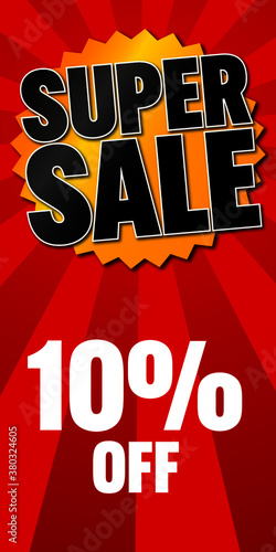 Super Sale poster, banner on red background. 10% off. Vector illustration.