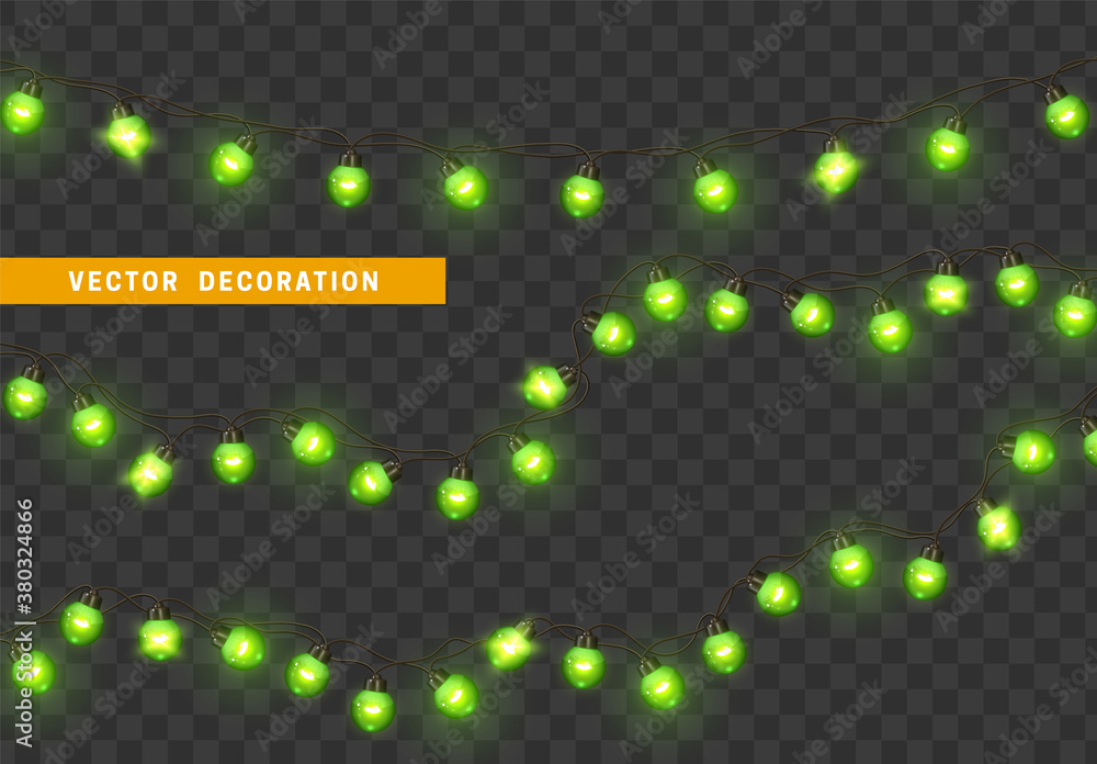 Christmas lights. Design element, decorations new year glowing lights. Decorative Xmas realistic objects. Holiday decor set of garlands. Isolated on transparent background. vector illustration Christmas lights. Design element, decorations new year glowing lights. Decorative Xmas realistic objects. Holiday decor set of garlands. Isolated on transparent background. vector illustration