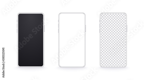 Realistic white mobile phone mockup. Device set with modern thin frame and black, light and transparent screen. 3d Smartphone mockup for show your app design. Front view of cellular display.