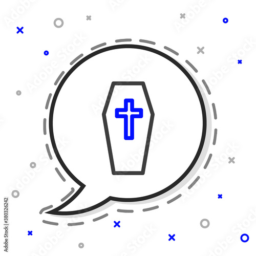 Line Coffin with christian cross icon isolated on white background. Happy Halloween party. Colorful outline concept. Vector.
