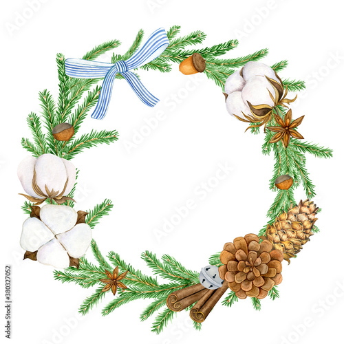 Fototapeta Naklejka Na Ścianę i Meble -  beautiful watercolor Christmas wreath with fir, cotton, cinnamon, bowknot  and fir cones