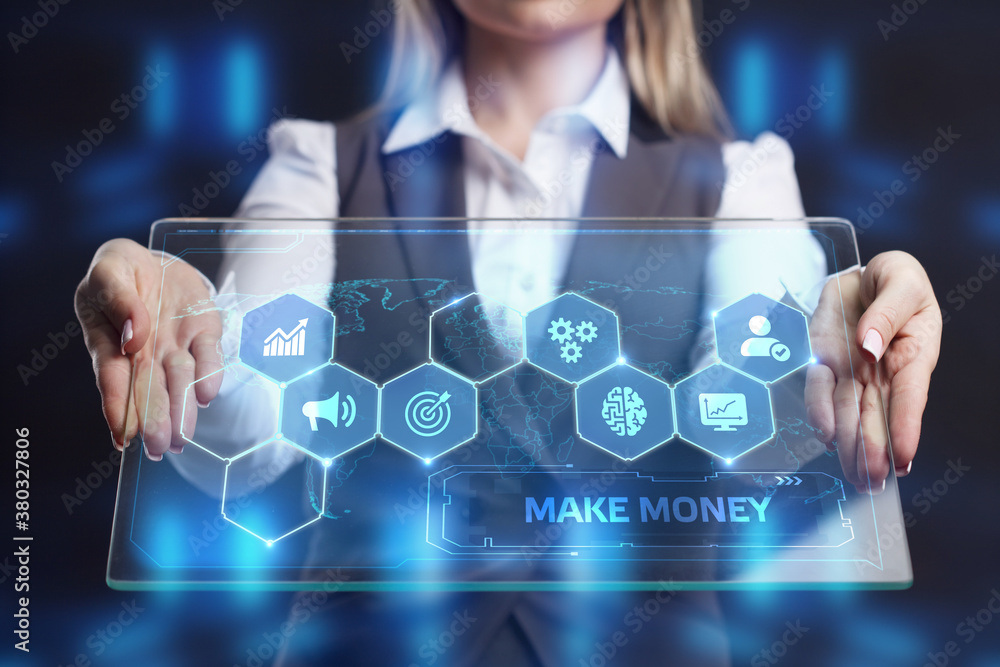 Fototapeta premium Businessman presses button make money on virtual screens. Business, Technology, Internet and network concept.