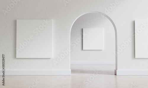 Fotografie, Obraz Big, empty interior with large mock-up canvases and circular arc entrance to another space