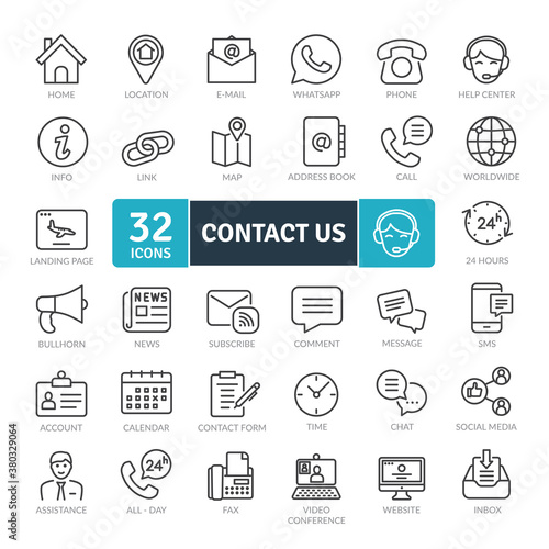 Contact Icons Pack. Thin line icons set. Flat icon collection set. Simple vector icons