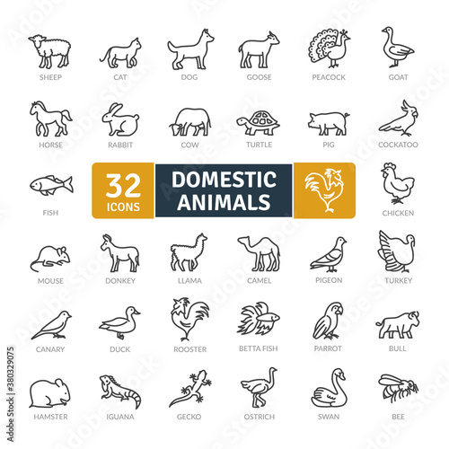 Domestic Animals Icons Pack. Thin line animal icons set. Flat icon collection set. Simple vector icons
