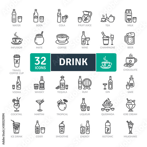 Types of Drink. Vector Icons Set. Thin Line design