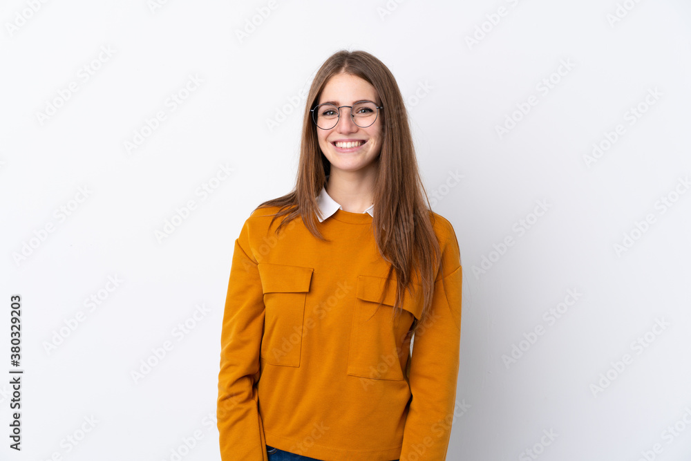Obraz premium Young woman over isolated white background with glasses and smiling