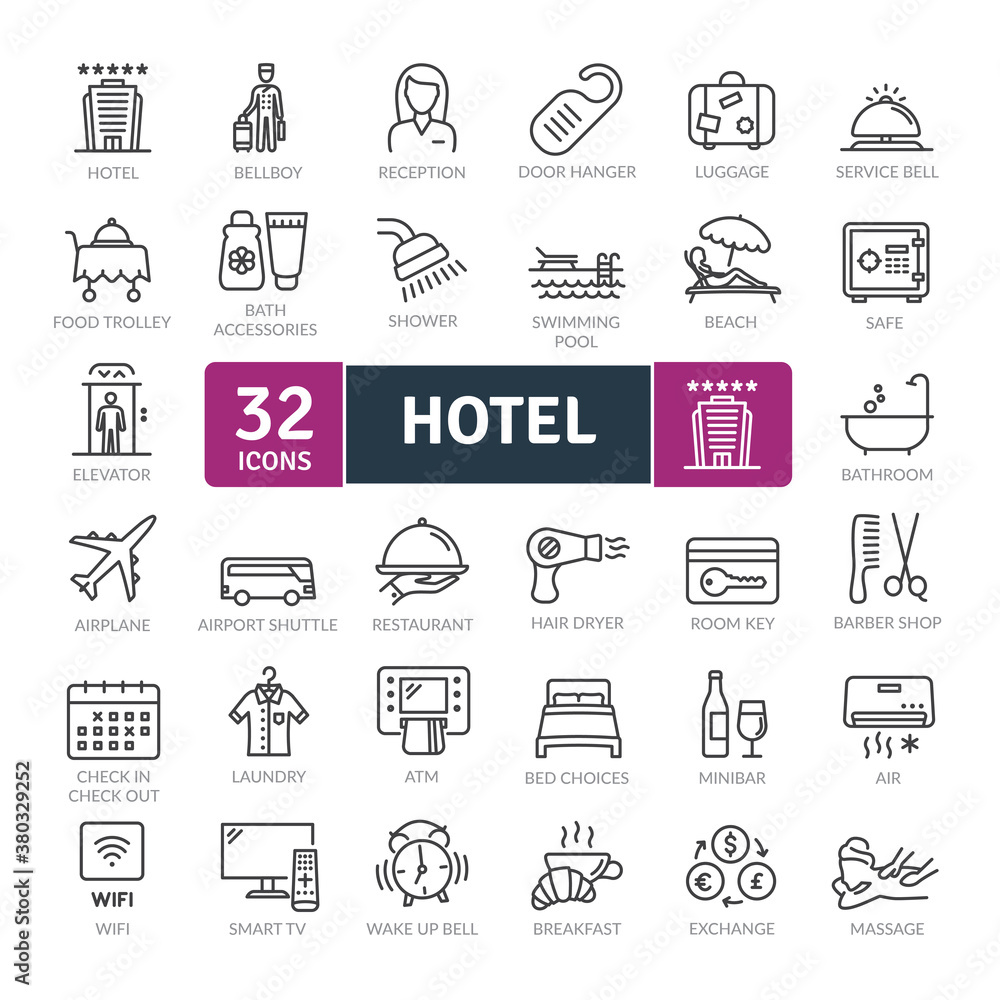 Hotel Icons Pack. Thin line icons set. Flat icon collection set. Simple vector icons Hotel Icons Pack. Thin line icons set. Flat icon collection set. Simple vector icons