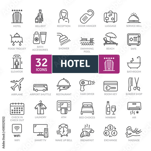 Hotel Icons Pack. Thin line icons set. Flat icon collection set. Simple vector icons