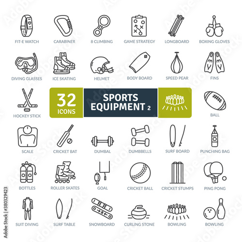 Sports Equipment Icons Pack. Thin line icons set. Flat icon collection set. Simple vector icons