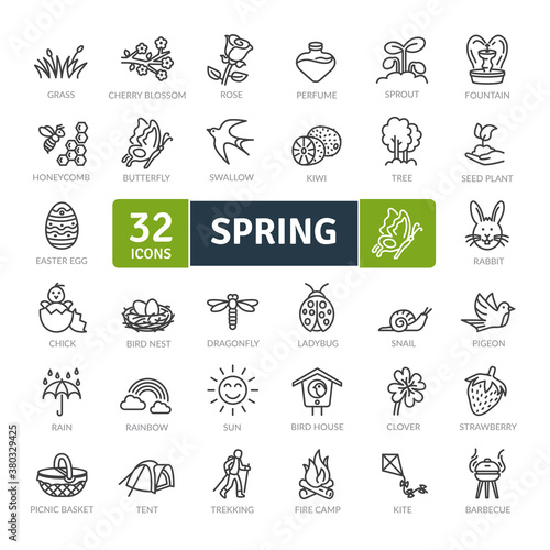 Spring Equipment Icons Pack. Thin line icons set. Flat icon collection set. Simple vector icons