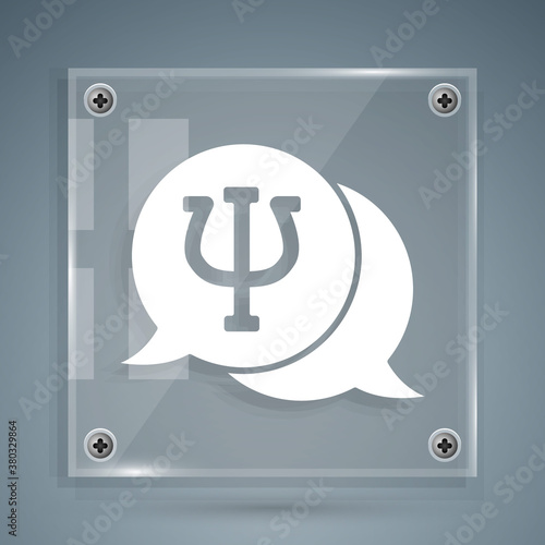 White Psychology icon isolated on grey background. Psi symbol. Mental health concept, psychoanalysis analysis and psychotherapy. Square glass panels. Vector.