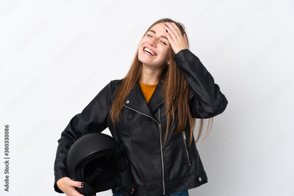 Woman with a motorcycle helmet laughing Woman with a motorcycle helmet laughing