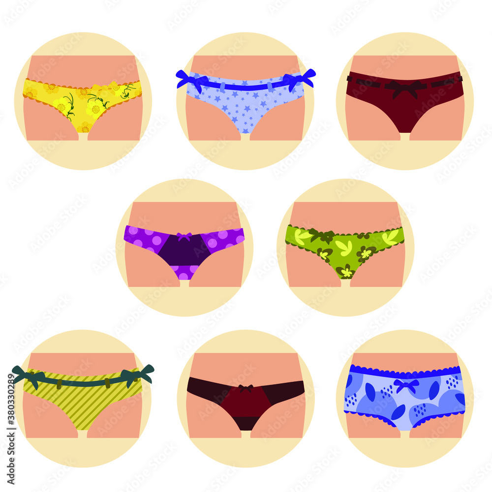 set of fashionable women's underwear, a set of underwear. Vector drawing of panties and bras. A colorful collection of women's underwear, sensuality, femininity.