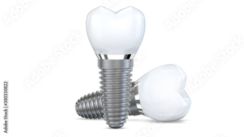 Fototapeta Naklejka Na Ścianę i Meble -  Two dental implant model of molar tooth as a concept of implantation teeth and dental surgery. 3d rendering illustration isolated on white background