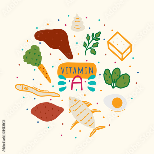 Vitamin A containing foods: liver, spinach, parsley, butter, eggs, eel, tuna, sweet potato, carrot in round composition. Beta-carotene foods hand drawn vector illustration.