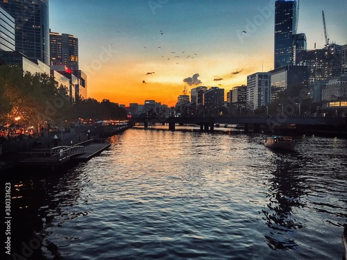 Sunset in Yarra River, Melbourne.

Melbourne, Australia - 22nd March 2019: Shot during sunset, the Yarra River is a perennial river in east-central Victoria, Australia.
