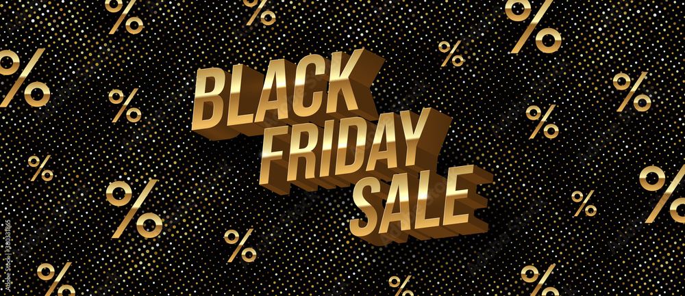 Black friday sale design. Golden metallic 3d letters on a glitter gold background with percent signs. Vector illustration. Black friday sale design. Golden metallic 3d letters on a glitter gold background with percent signs. Vector illustration.