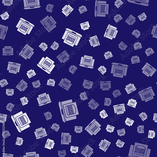 White Online ordering and burger delivery icon isolated seamless pattern on blue background. Vector.