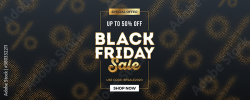 Black friday sale type design on background with golden halftone percent signs. Vector illustration. Design for black friday banner, poster, flyer, promo.