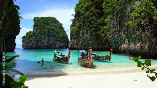 PHI PHI ISLAND, THAILAND September 15, 2020 :  Long tail boats at loh samah bay beautiful island in Thailand