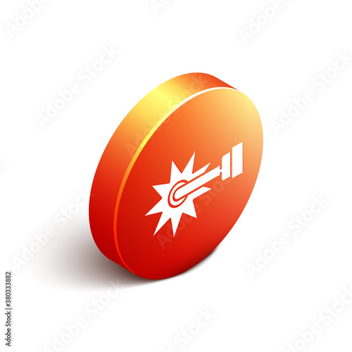 Isometric Cowboy horse riding spur for boot icon isolated on white background. Orange circle button. Vector.