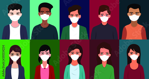 Icon set of male and female wearing mask to prevent corona virus in flat style.