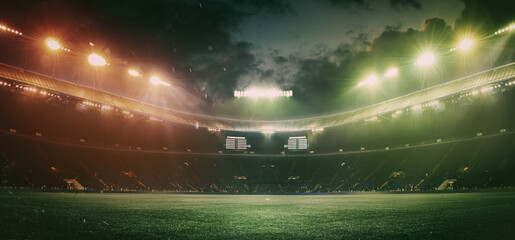 Full stadium and neoned colorful flashlights background. Flyer with copyspace in modern colors. Concept of sport, competition, winning, action and motion. Empty area for championships, your ad, design