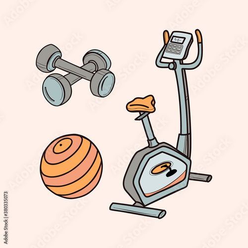 Set of sports simulators. Exercise bike, dumbbell and fitball. Healthy lifestyle and weight loss concept. Vector on isolated background. For print and web