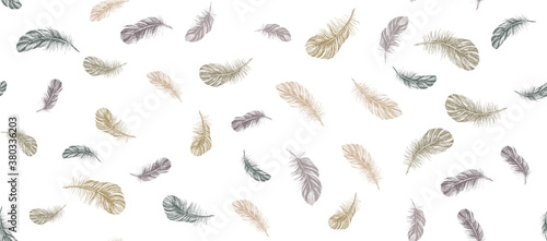 Feathers set on white background. Hand drawn sketch style. 