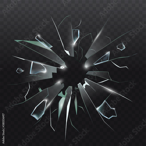 High detailed realistic broken glass isolated on dark transparent background. With cracks and bullet marks. Realistic transparent shards of broken glass. Vector illustration.