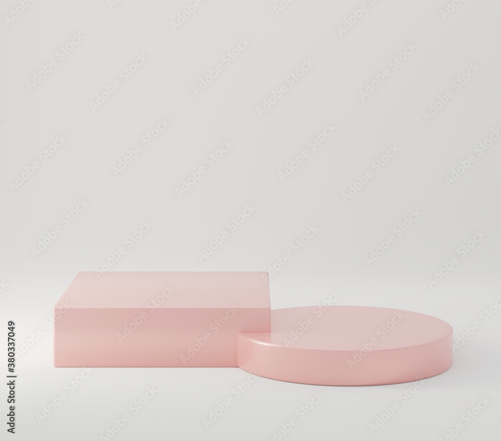 Pink cylinder podiums on white background. Abstract minimal scene with geometrical. Scene to show cosmetic products presentation. Mock up design empty space. Showcase, shopfront, display case Pink cylinder podiums on white background. Abstract minimal scene with geometrical. Scene to show cosmetic products presentation. Mock up design empty space. Showcase, shopfront, display case