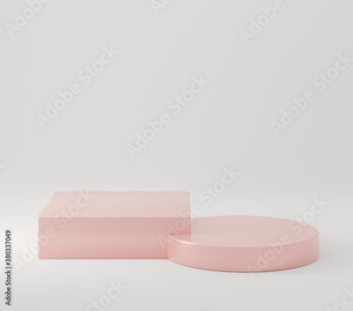 Pink cylinder podiums on white background. Abstract minimal scene with geometrical. Scene to show cosmetic products presentation. Mock up design empty space. Showcase, shopfront, display case