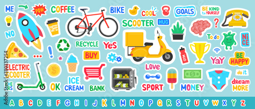 Cute sticker template. Collection of colorful stickers covering diverse subjects with text and picture icons. Flat Style