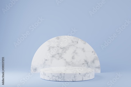 Marble podiums on blue background. Abstract minimal scene with geometrical. Modern pedestal show cosmetic products presentation. Mock up design empty space. studio platform template. 3d render © Kakabe