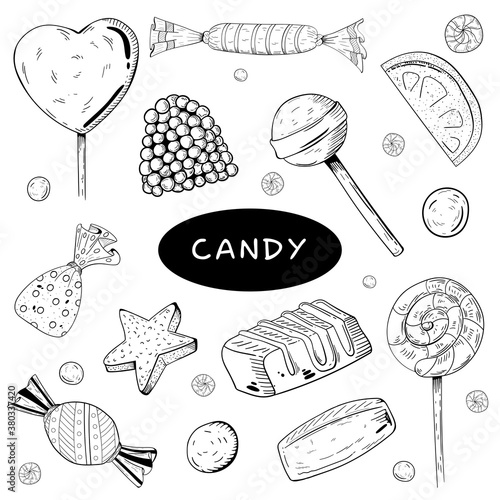Doodle style hard candy set sketch in vector format. Includes lollipops, mints, wrapped candy, butterscotch, candy corn, gum drops, and jelly beans. photo