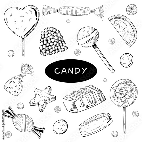Doodle style hard candy set sketch in vector format. Includes lollipops, mints, wrapped candy, butterscotch, candy corn, gum drops, and jelly beans.