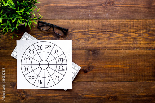 Quadro em tela Horoscope concept. Zodiac signs in horoscopic wheel, top view