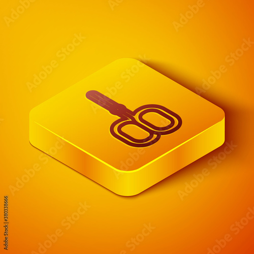 Isometric line Nail scissors cuticle cut beauty salon icon isolated on orange background. Cosmetic scissors for manicure. Yellow square button. Vector.