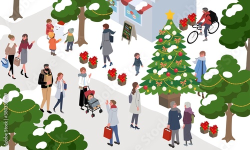アイソメトリック　クリスマスの人々　イラスト　街並み　バナー