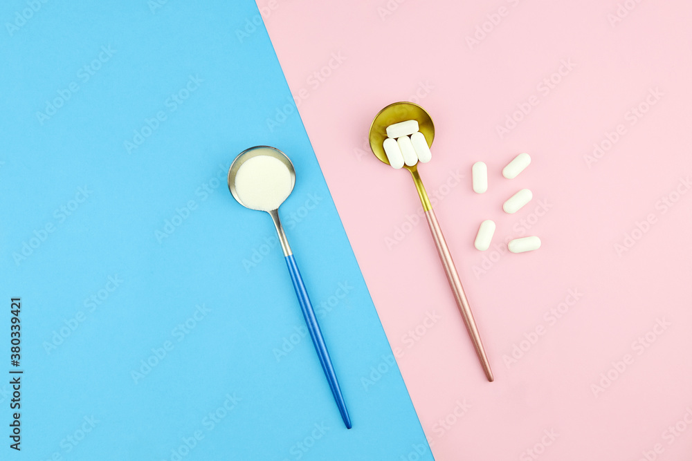 Collagen protein powder and pills in spoons on color background. Dietary supplement for skin and joints Collagen protein powder and pills in spoons on color background. Dietary supplement for skin and joints