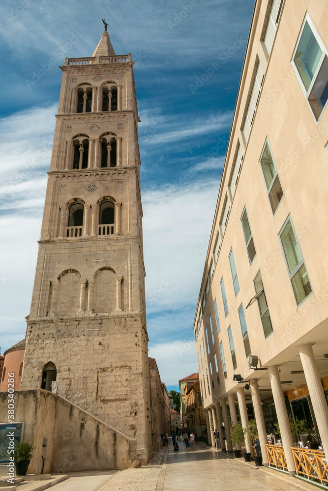 Zadar / Croatia - September 2 2020: Bell Tower of Zadar cathedral, famous landmark of Croatia, adriatic region of Dalmatia.