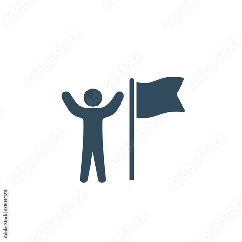 Victorious person with a flag icon. Success concept.