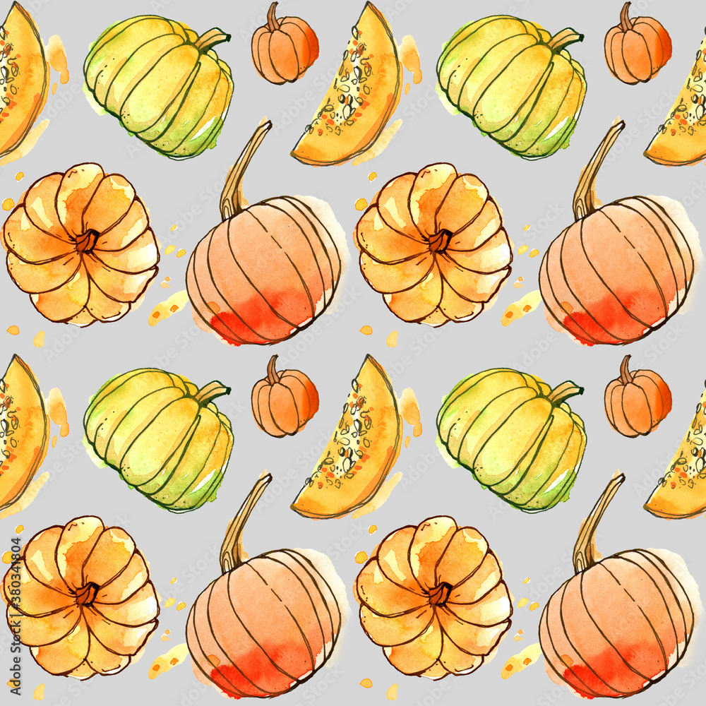 Pumpkins harvest vegetables farm autumn season vegetarianism pattern background texture art sketch line smudge watercolor paper