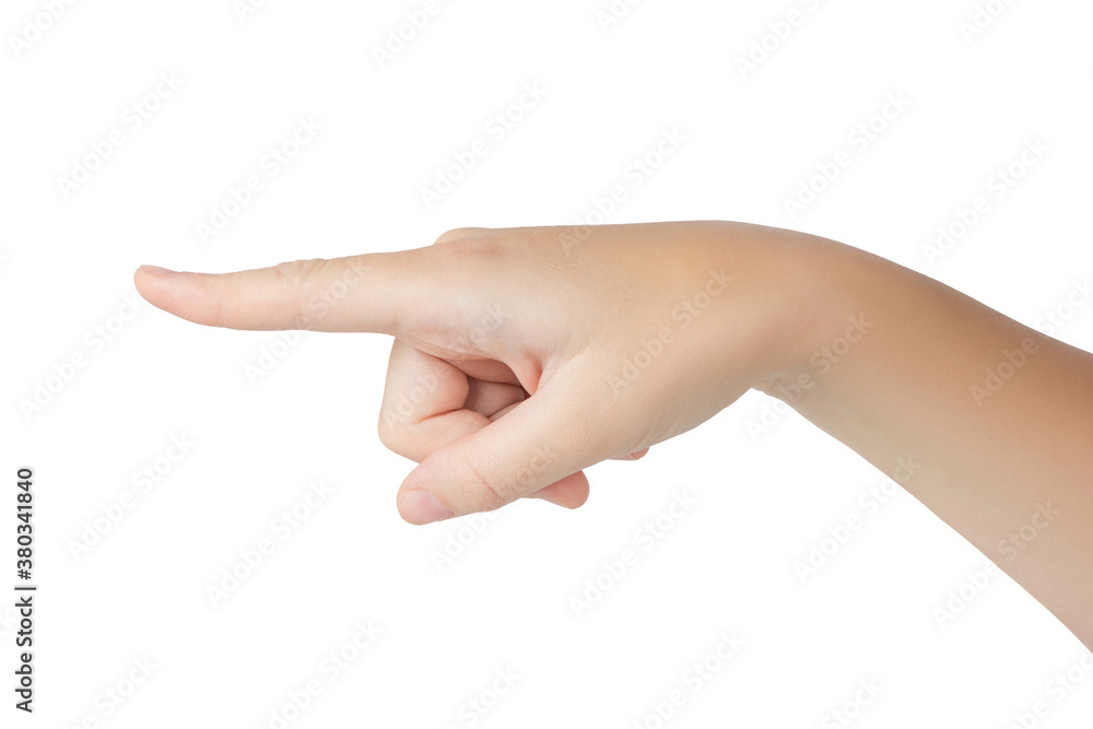A woman's hand with an extended forefinger. Hand gestures and symbols. Isolated on white background. A woman's hand with an extended forefinger. Hand gestures and symbols. Isolated on white background.