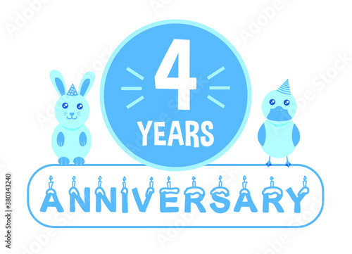 4th birthday. Four years anniversary celebration banner with blue theme for kids.