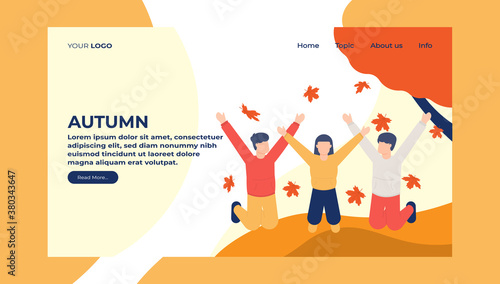 landing page illustration with the theme of people's activity in autumn. children or people jumping for joy or pleasure. welcome and enjoy the fall. flat design. can be used for elements, assets, UI