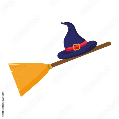 halloween witch hat on broom design, happy holiday and scary theme Vector illustration